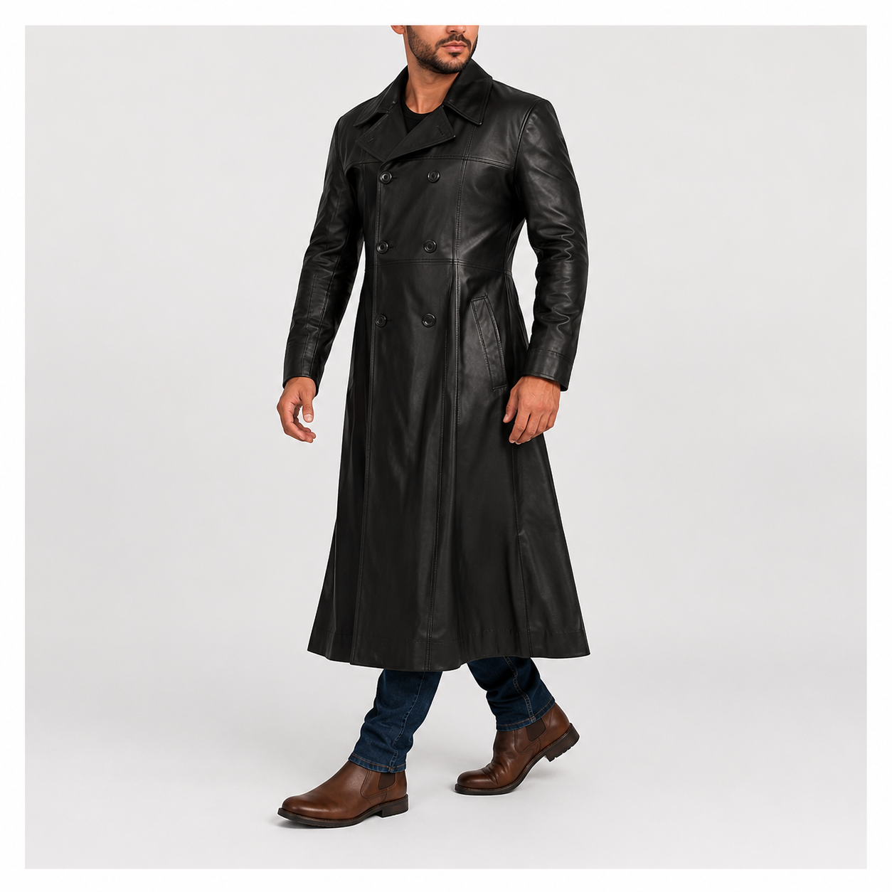 Full-Length Double-Breasted Leather Duster Trench Coat