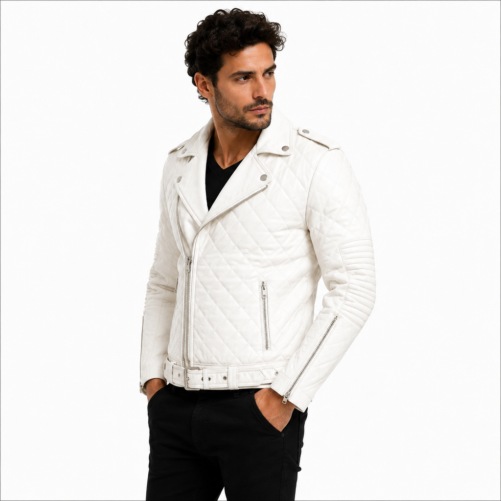 Men's Quilted White Biker Leather Jacket