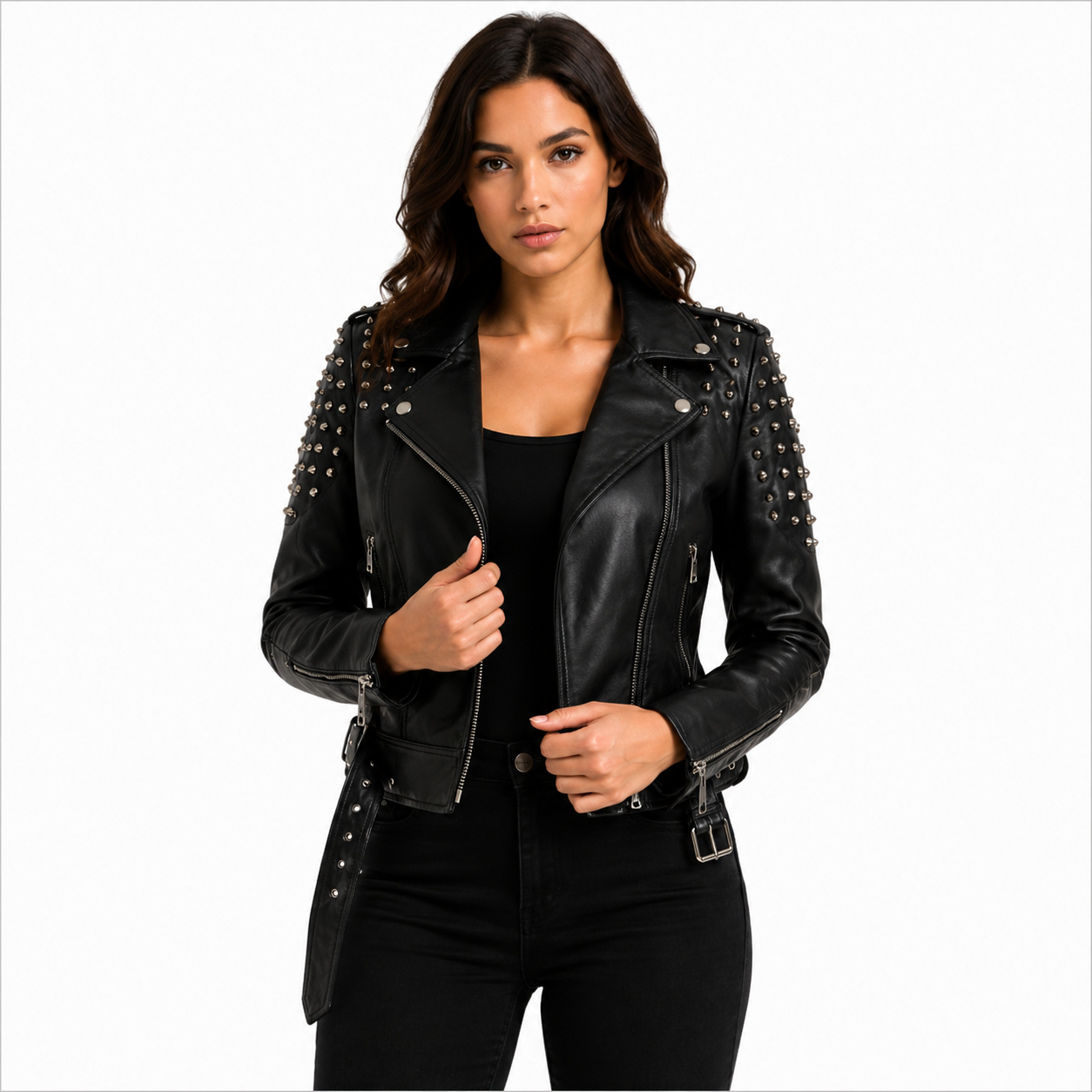 Women's Black Studded Genuine Leather Asymmetrical Biker Jacket 