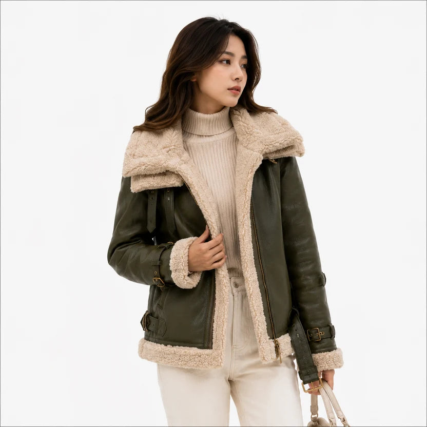 Women's olive green leather shearling jacket