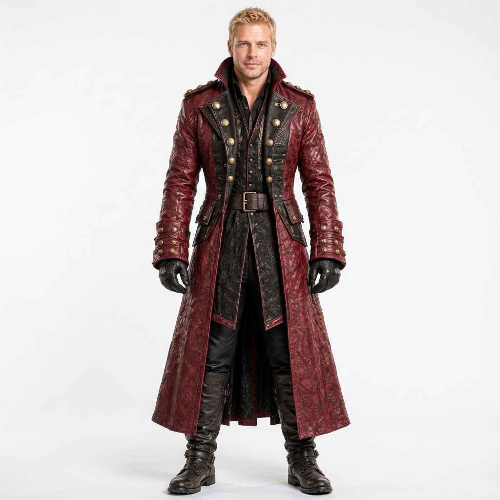 Gothic fantasy long coat with gold brass buttons and epaulettes