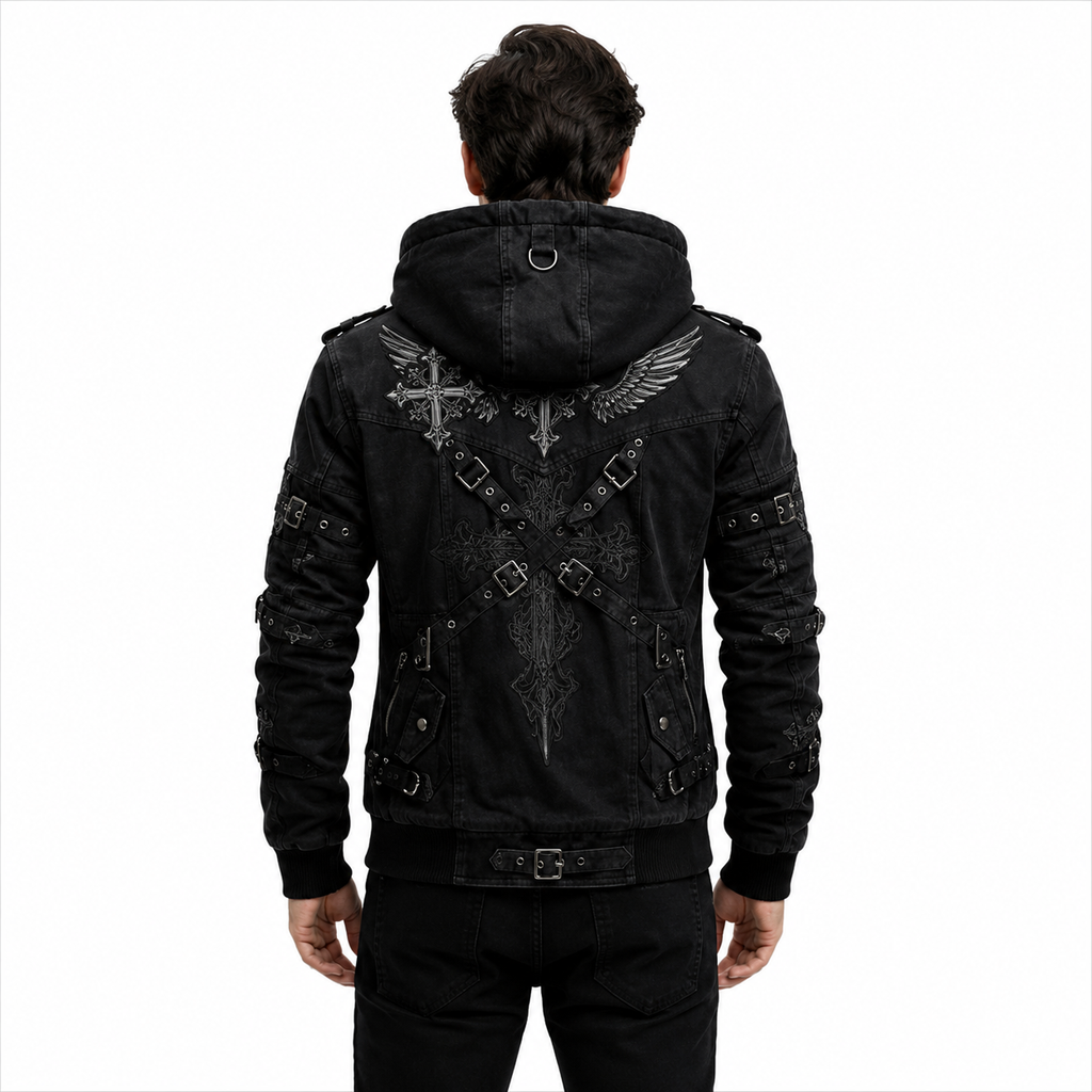 Men's Black Gothic Hooded Biker Jacket