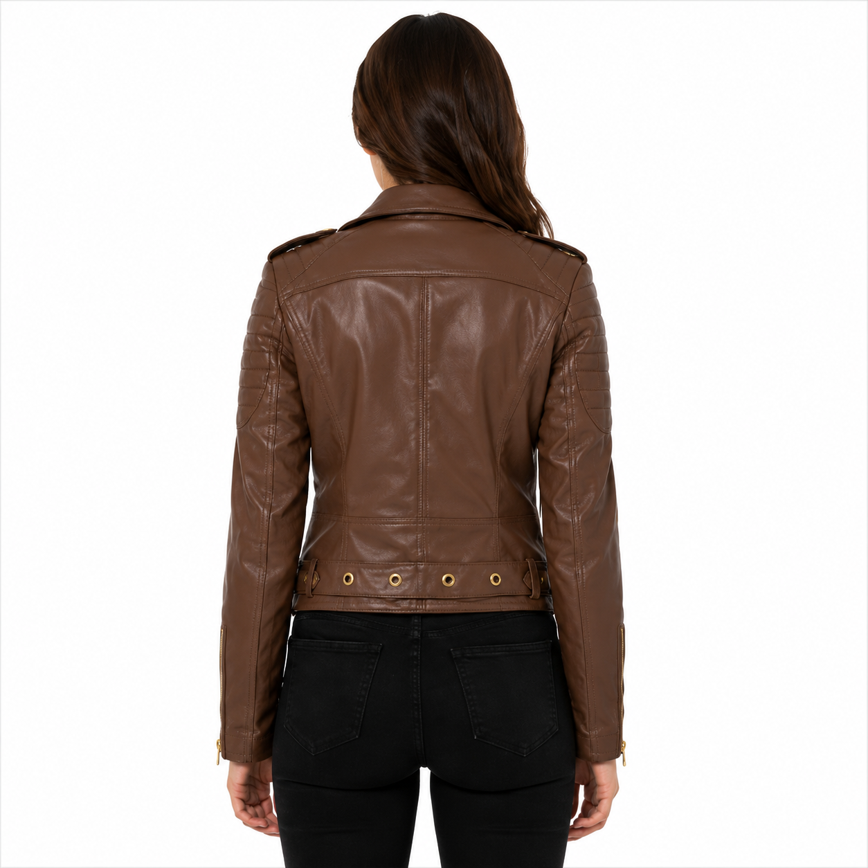 Brown Quilted Shoulder Motorcycle Jacket
