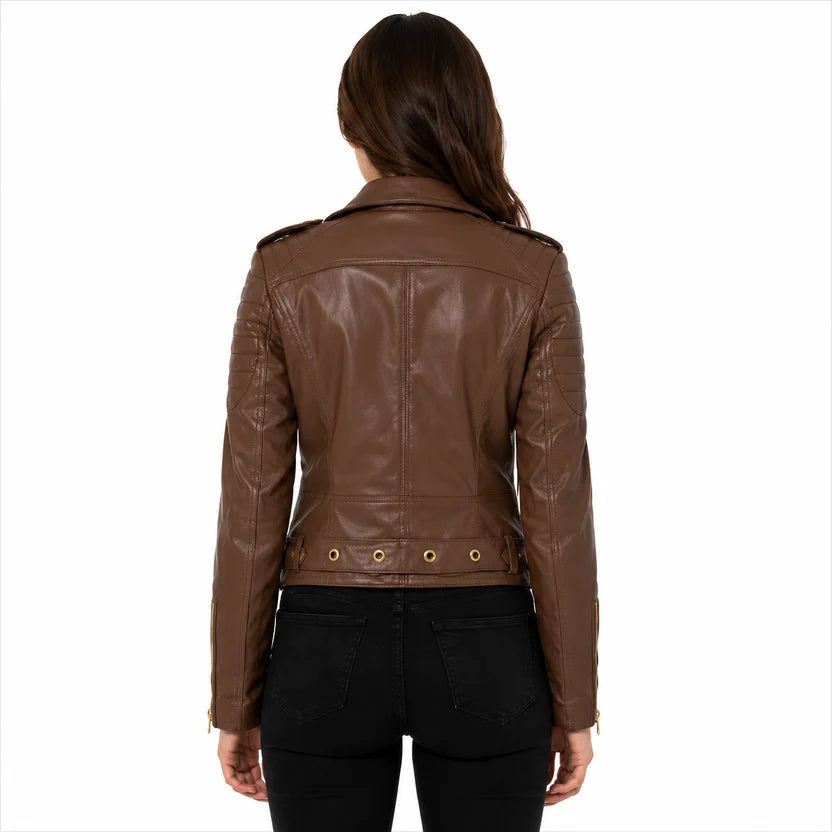 women's brown moto leather jacket 