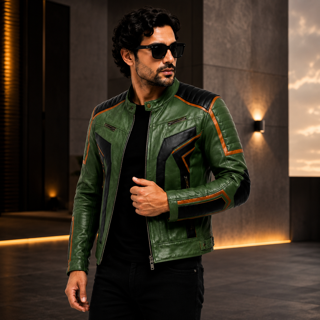 Men's Green & Black Racer Leather Jacket with Quilted Shoulders