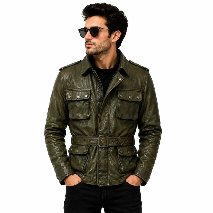 green distressed leather jacket