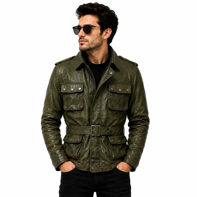 Men's Black Leather Military Field Jacket