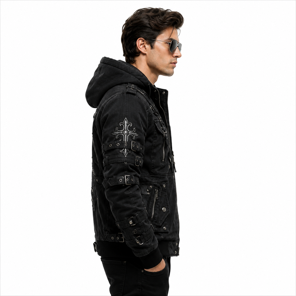 Men's Black Gothic Hooded Biker Jacket