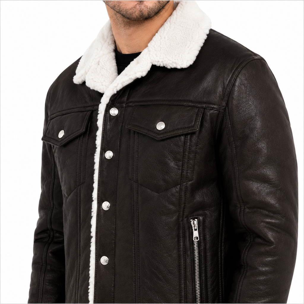 Men's black leather shearling trucker jacket