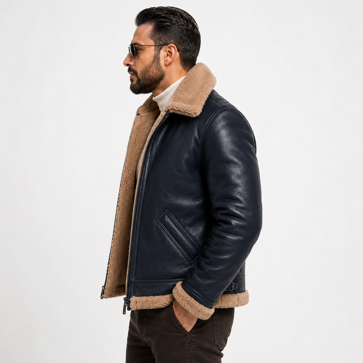 Men's Classic Navy Blue & Beige B-3 Aviator Jacket