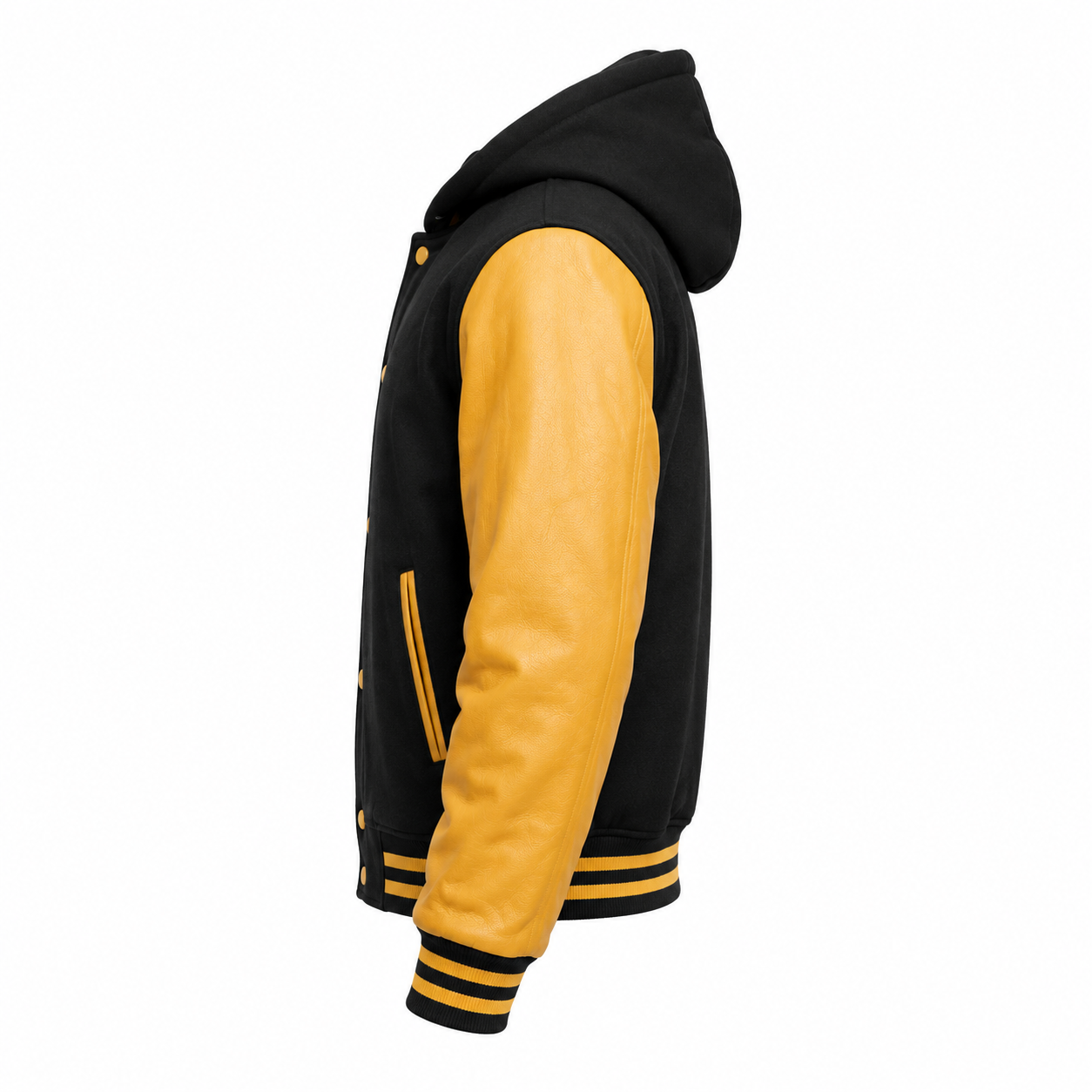 Men's Black and Mustard Yellow Hooded Varsity Jacket with Leather Sleeves