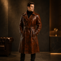 Men's Antique Brown Double Breasted Leather Trench Coat Full Length
