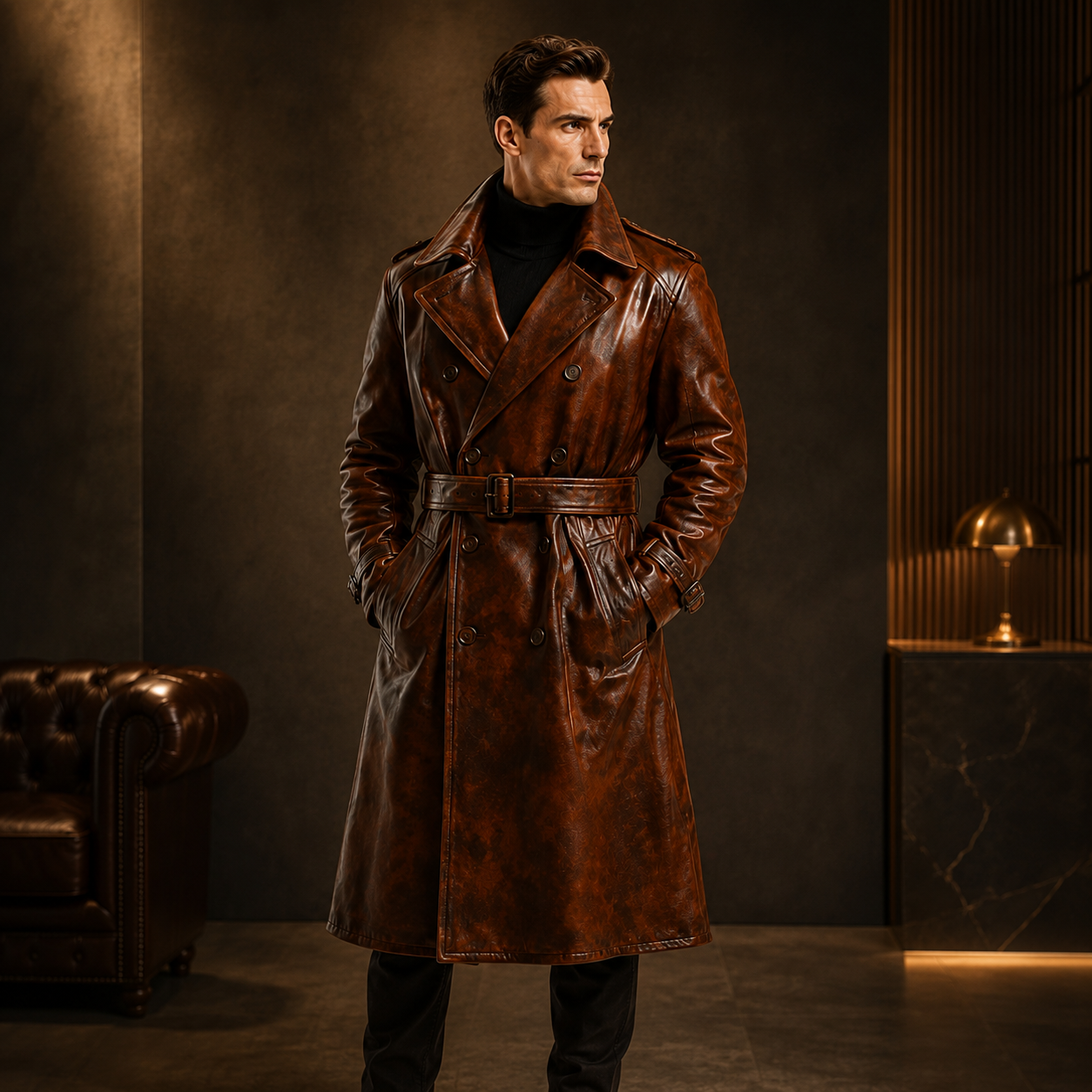Men's Antique Brown Double Breasted Leather Trench Coat Full Length
