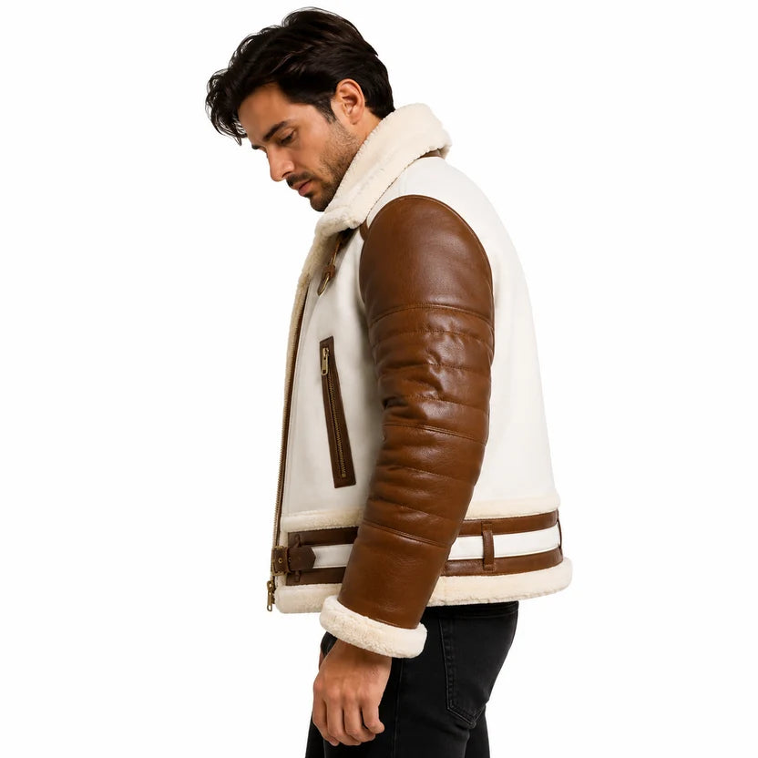 Men's Brown and White Leather Shearling Bomber Jacket