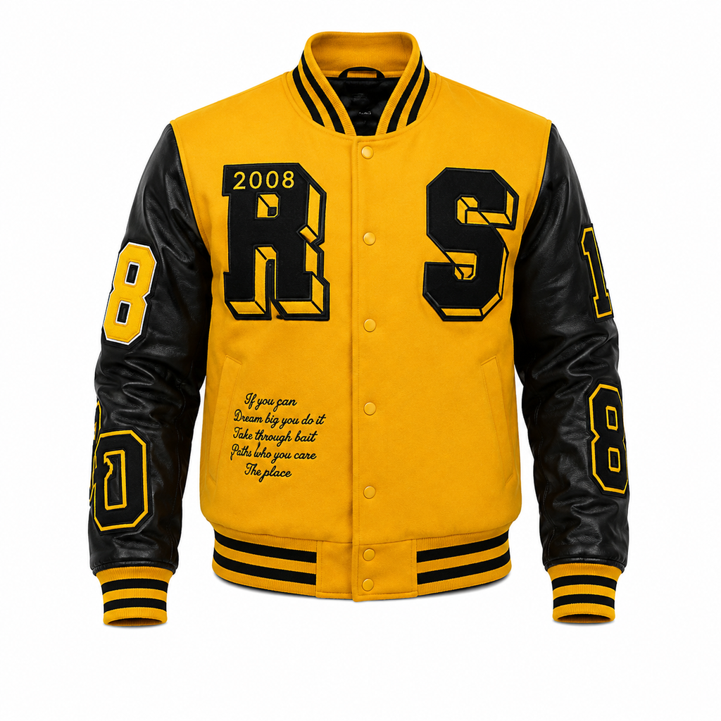 Men's Yellow and Black Varsity Letterman Jacket with Faux Leather Sleeves