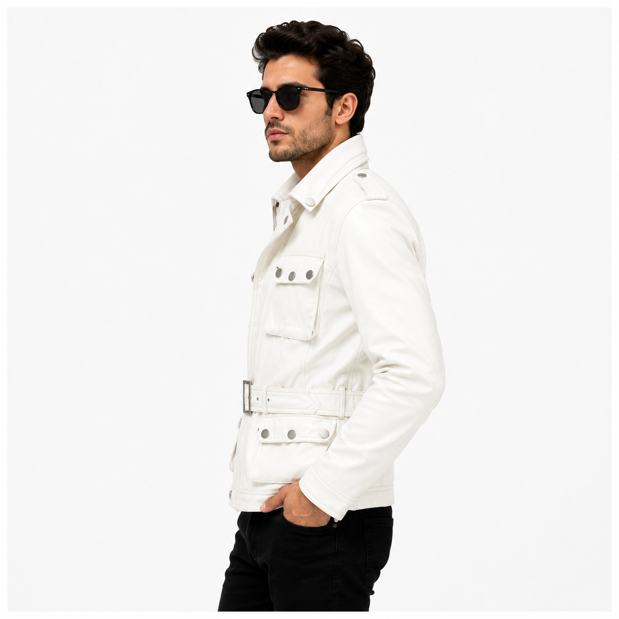 Men's White Military Safari Leather Field Jacket
