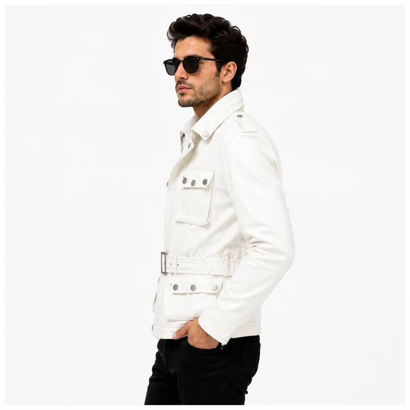 Men's White Leather Field Biker Jacket