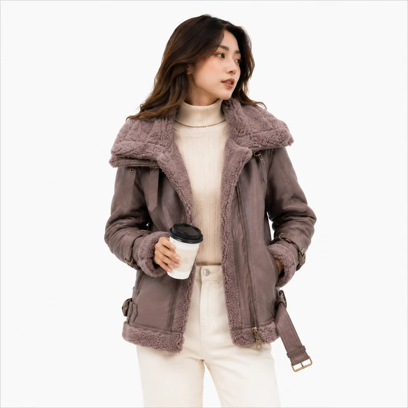 women's mauve brown genuine leather shearling bomber jacket