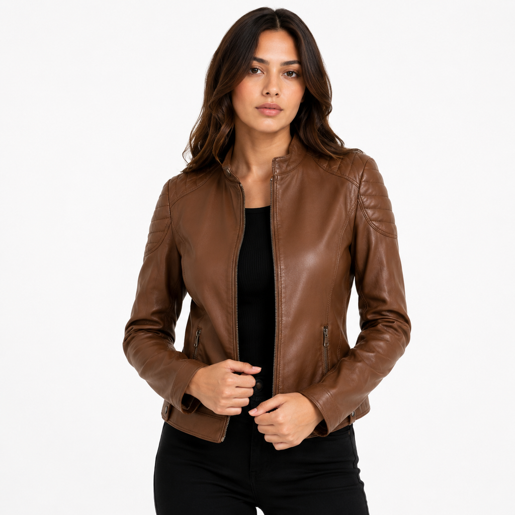 Women's Classic Cognac Brown Cafe Racer Leather Biker Jacket