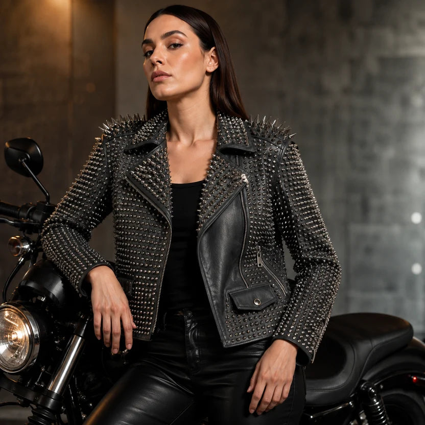 Women's Charcoal Grey Studded Biker Leather Jacket