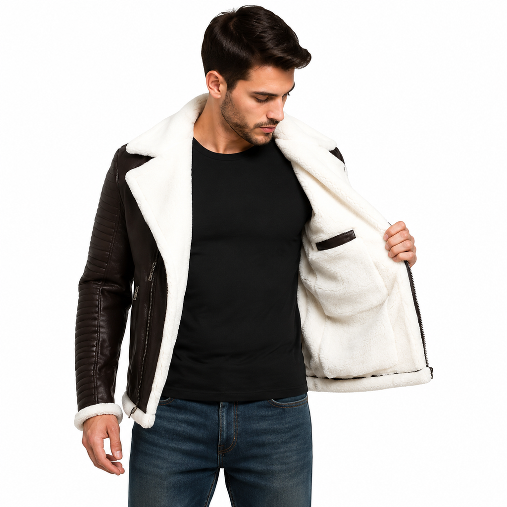 Shearling Collar Biker Leather Jacket Quilted Sleeve Detail