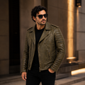 Men's Distressed Olive Green Leather Biker Jacket