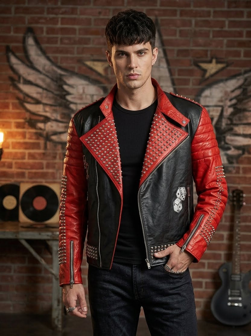 Mens Brando Studded Jacket Black Motorcycle Rock Punk Spiked Brando Biker Genuine Leather Jacket
