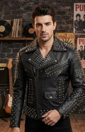 Mens Brando Studded Jacket Black Motorcycle Rock Punk Spiked Brando Biker Genuine Leather Jacket