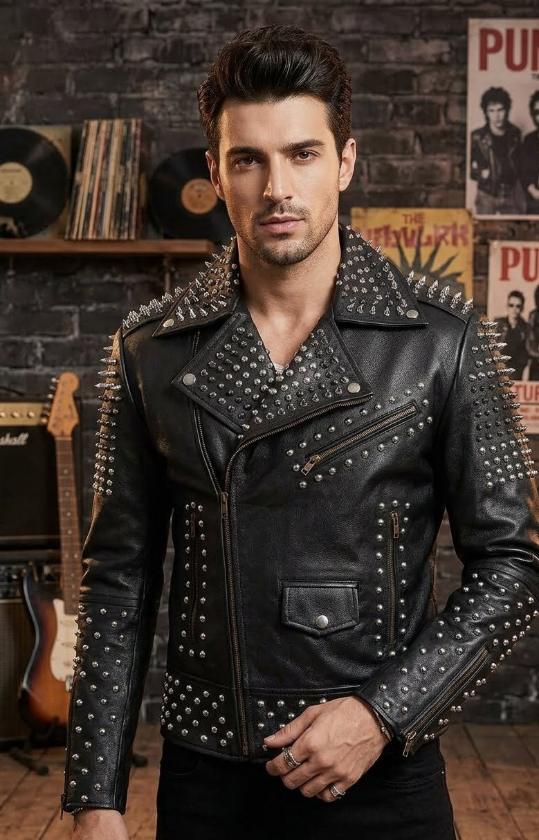 Mens Brando Studded Jacket Black Motorcycle Rock Punk Spiked Brando Biker Genuine Leather Jacket