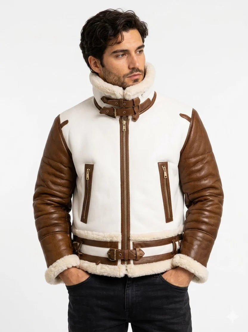 Men's Brown and White Shearling Bomber Jacket