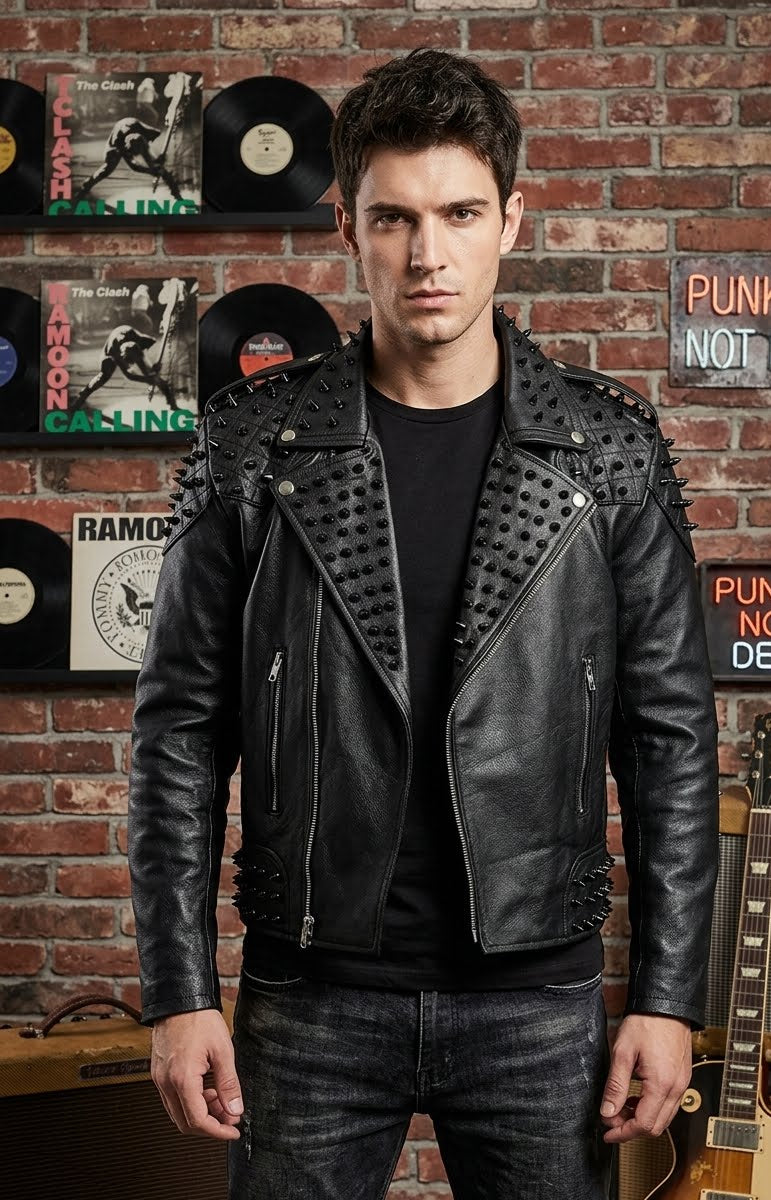 Black Metal Studded Full Sleeve Multipocketed Original Leather Jacket