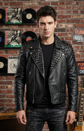 Black Metal Studded Full Sleeve Multipocketed Original Leather Jacket