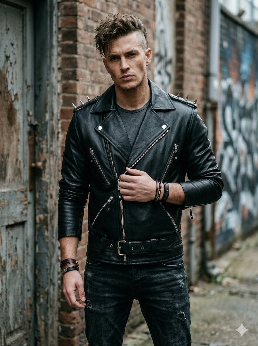 Classic Vintage Leather Biker Jacket for Men – Fringe, Studded & Tassel Design