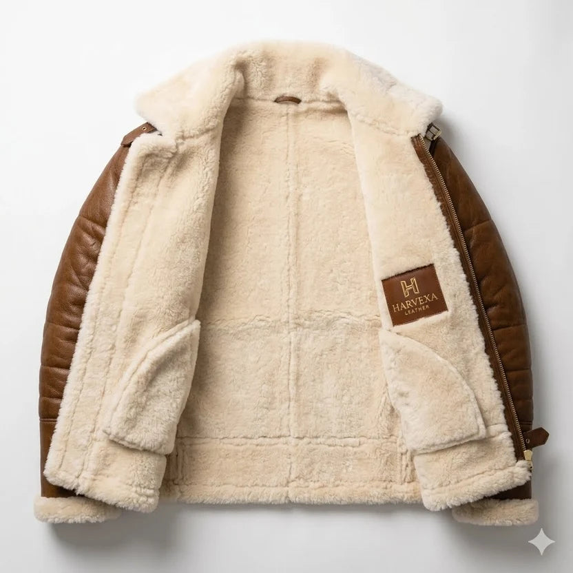 brown leather shoulder straps on bomber jacket