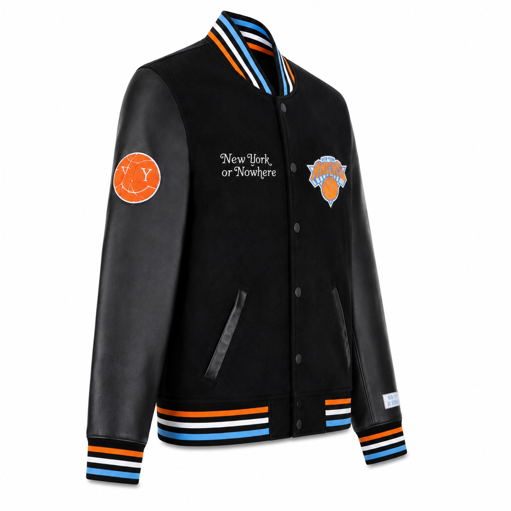 Black Leather New York Knicks Varsity Jacket