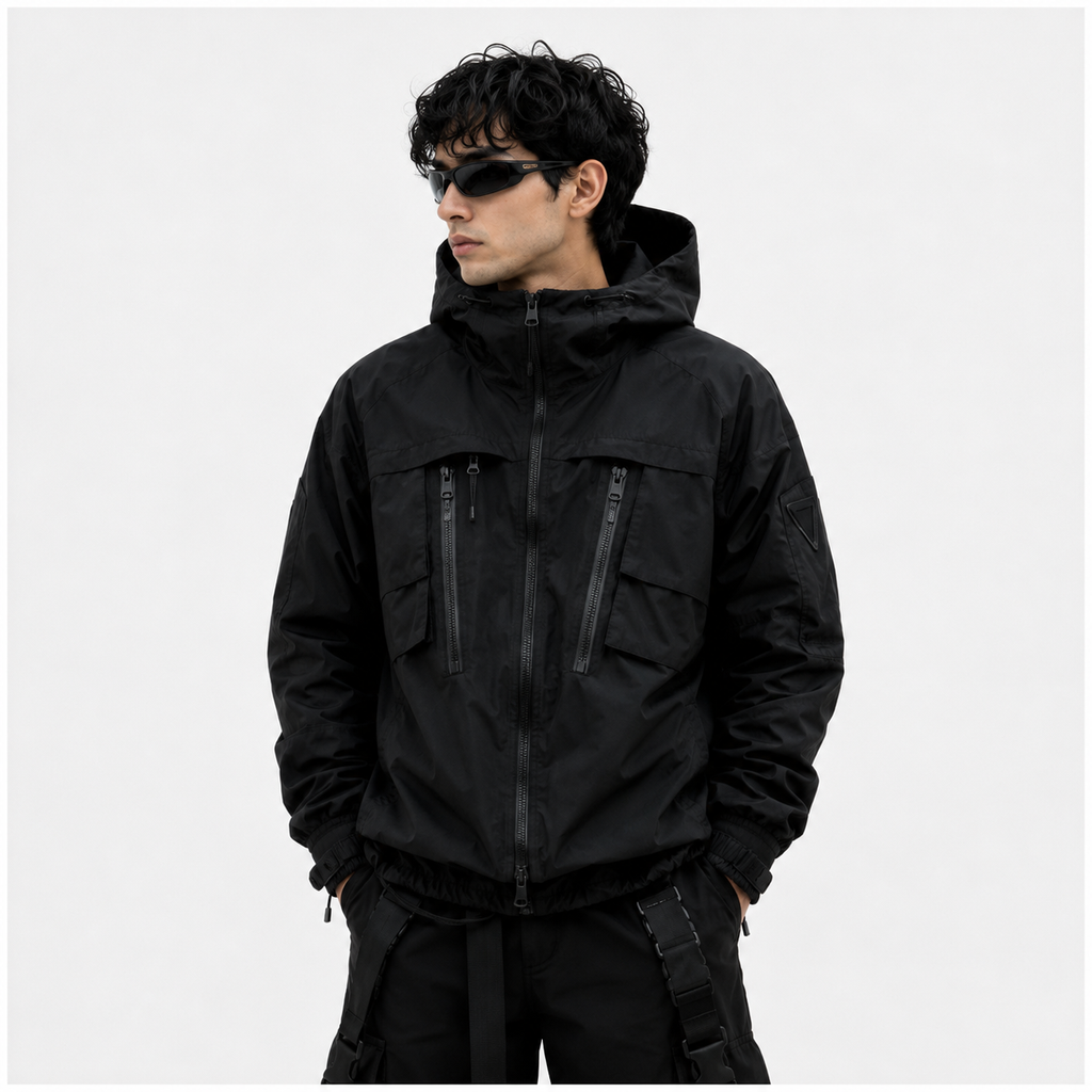 Men's Stealth Black Techwear Hooded Tactical Windbreaker