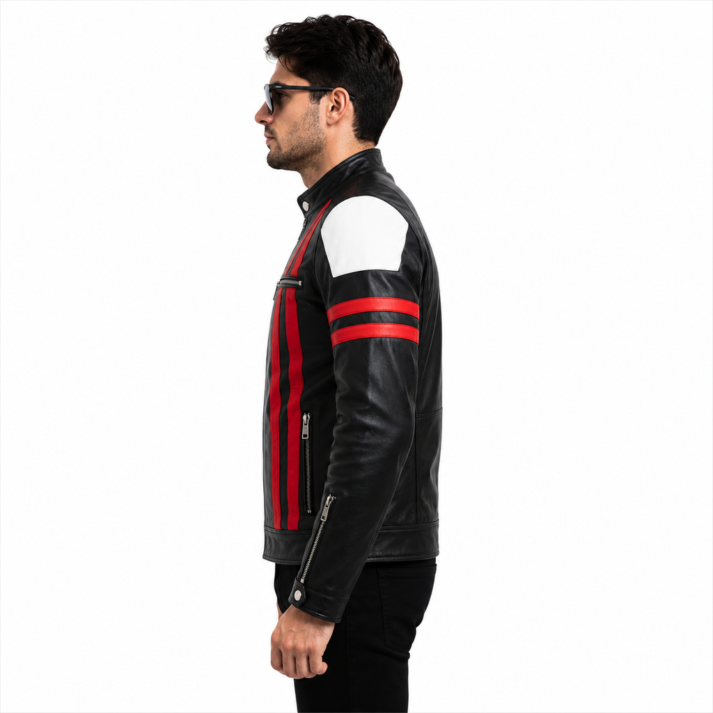 Men's Black Red White Leather Biker Jacket