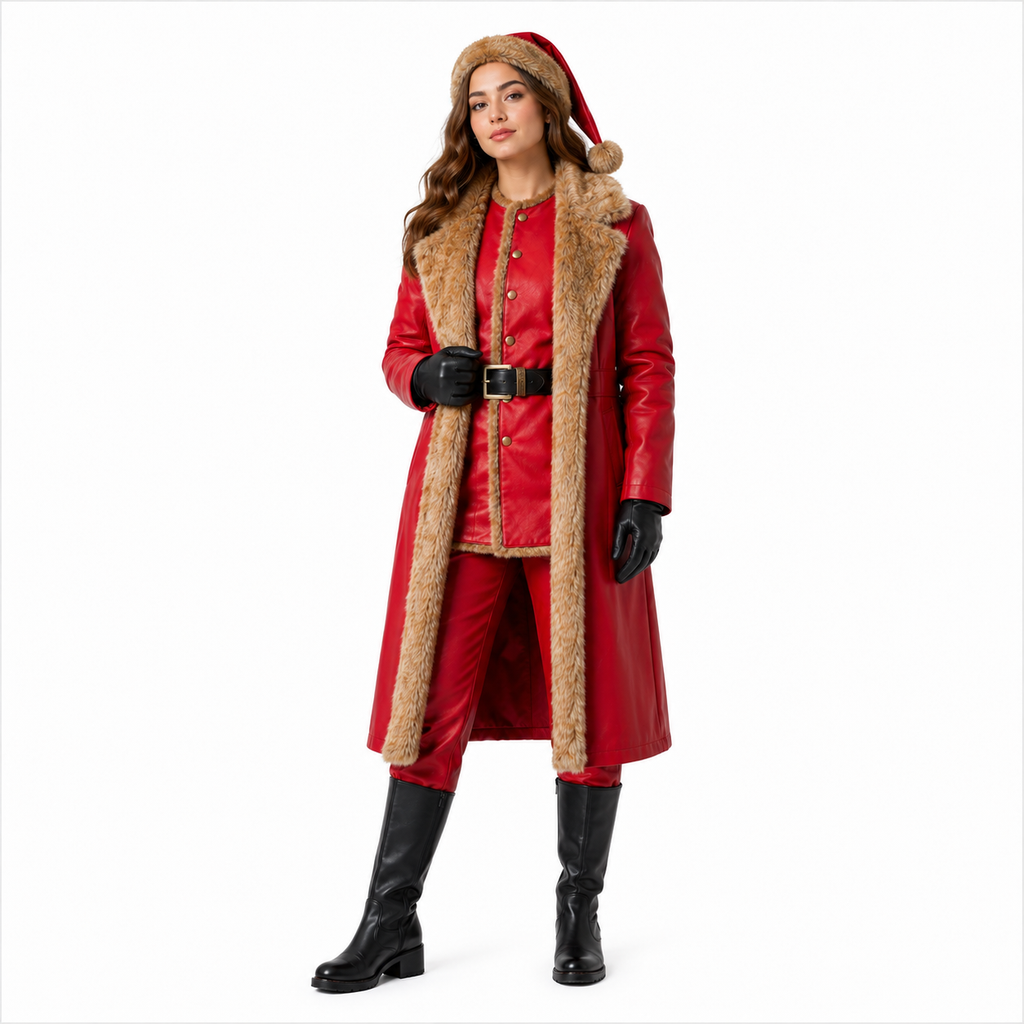 Santa Inspired Red Faux Leather Coat Costume with Faux Fur Trim – Christmas Holiday Outfit