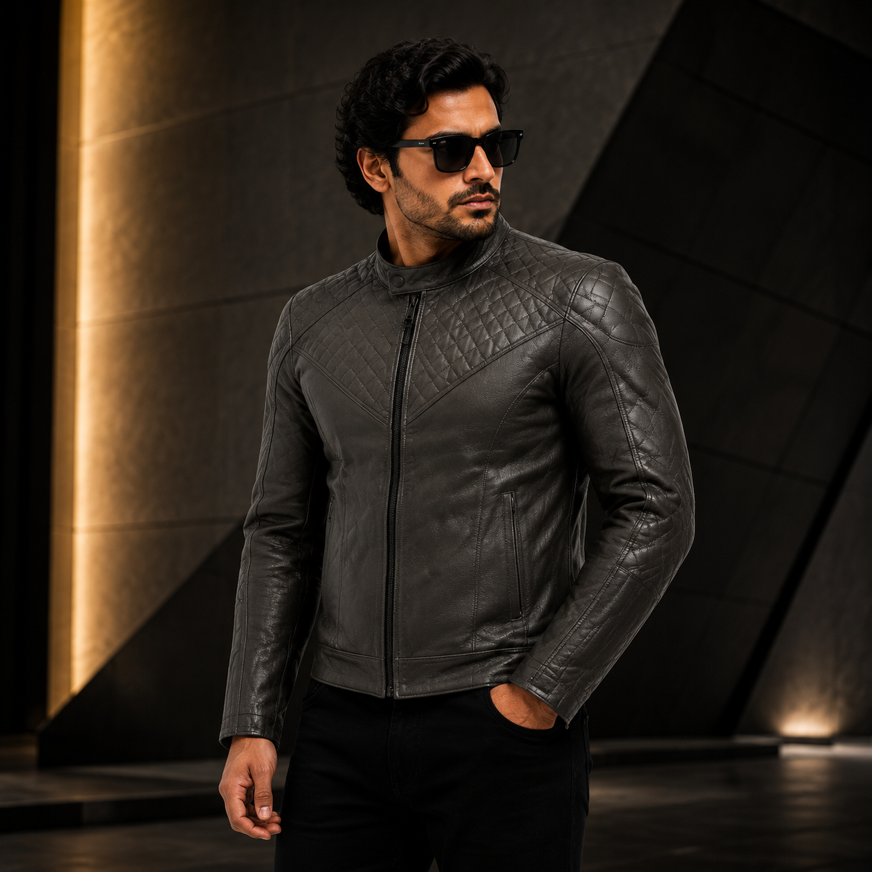 Men's Charcoal Gray Quilted Racer Leather Jacket