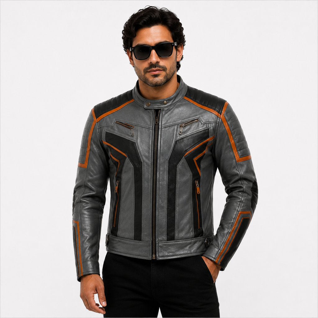 Men's Distressed Grey Cafe Racer Leather Biker Jacket