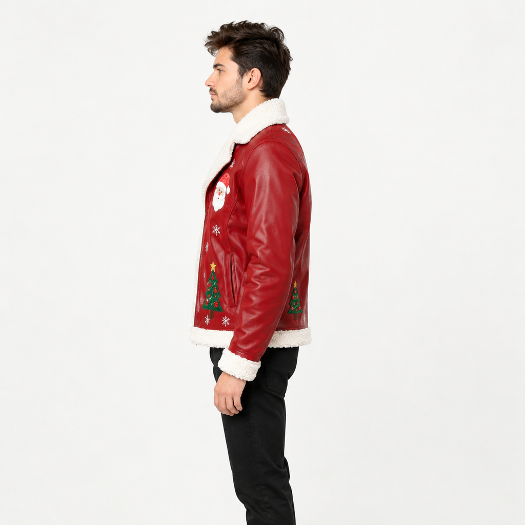 Merry Christmas embroidery and snowflake detail on red leather Christmas jacket