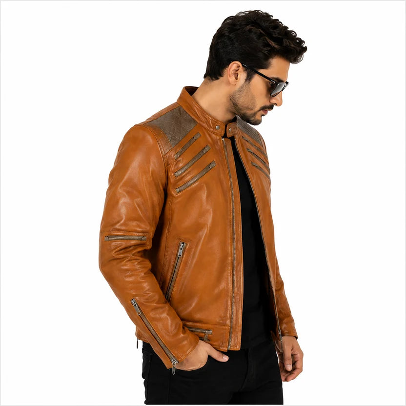 Men's Cognac Leather Biker Jacket