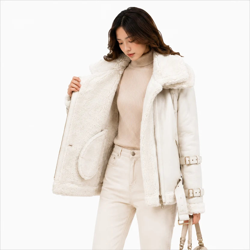 Women's off-white shearling aviator jacket