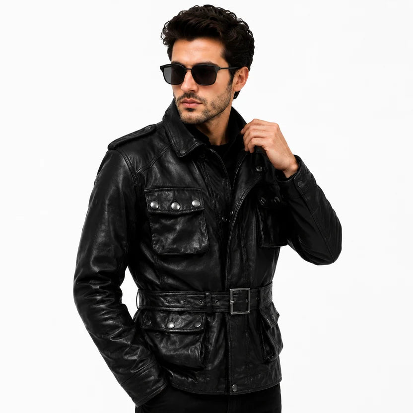 Men's Black Genuine Leather Field Biker Jacket with Double Belt and 4 Pockets