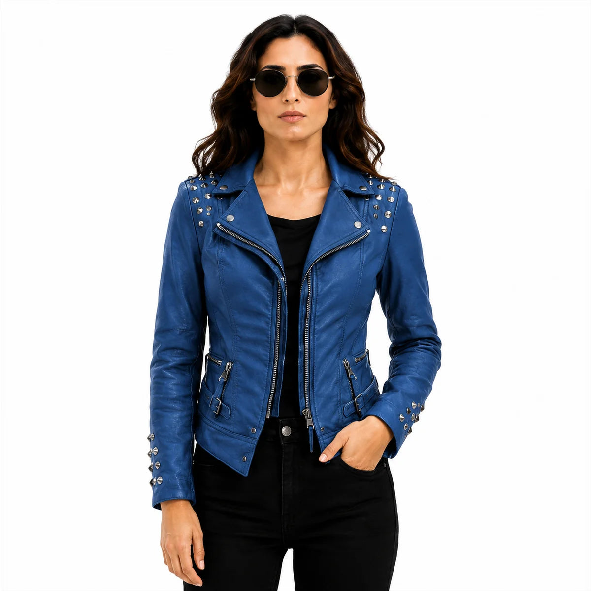 Women's Light Blue Studded Leather Jacket 