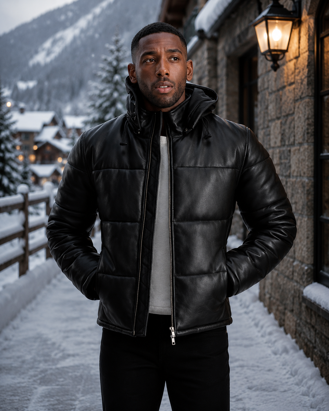 Men's Black Genuine Leather Puffer Jacket with Hood