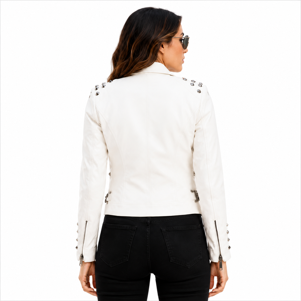 Women's Studded White Leather Biker Jacket