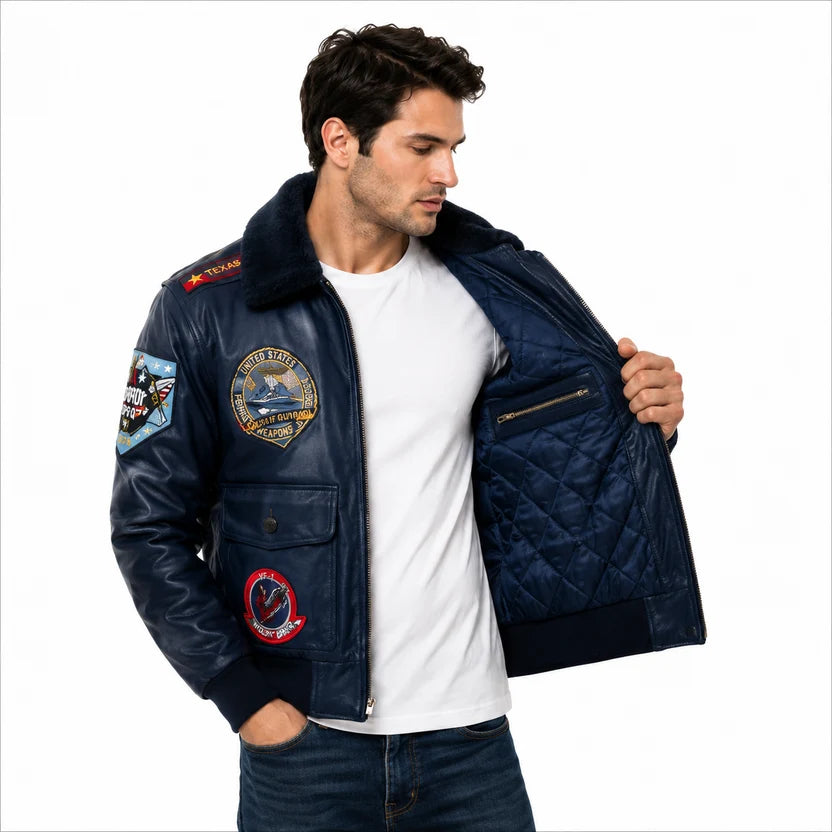 Navy Blue Genuine Cowhide Top Gun Jacket