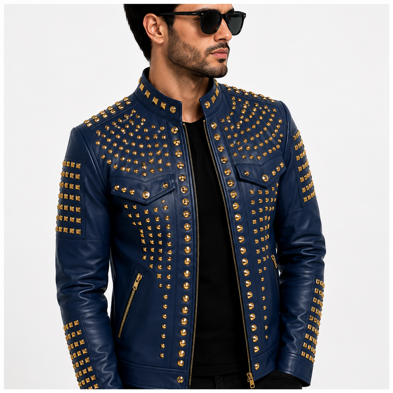 Men's Royal Blue Studded Leather Jacket