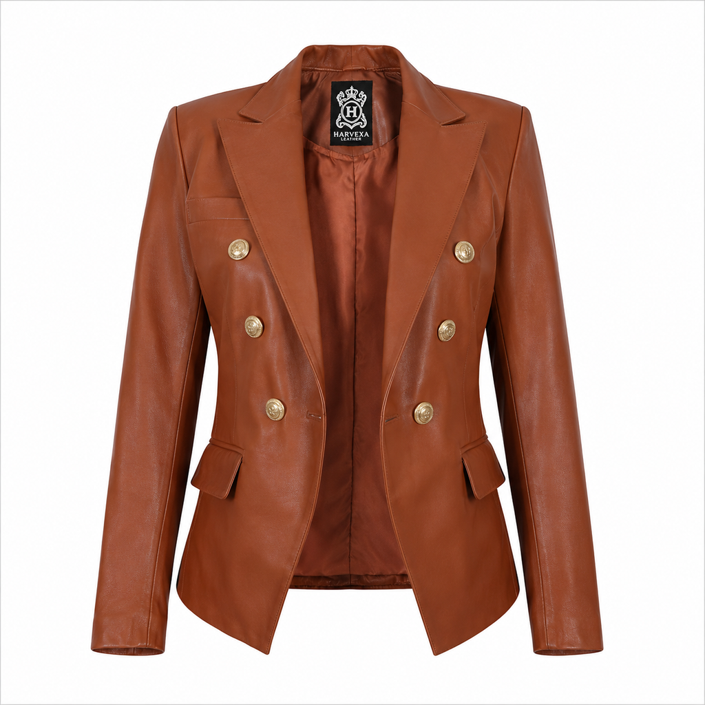 Women's Tan Brown Leather Double Breasted Blazer Jacket with Gold Buttons